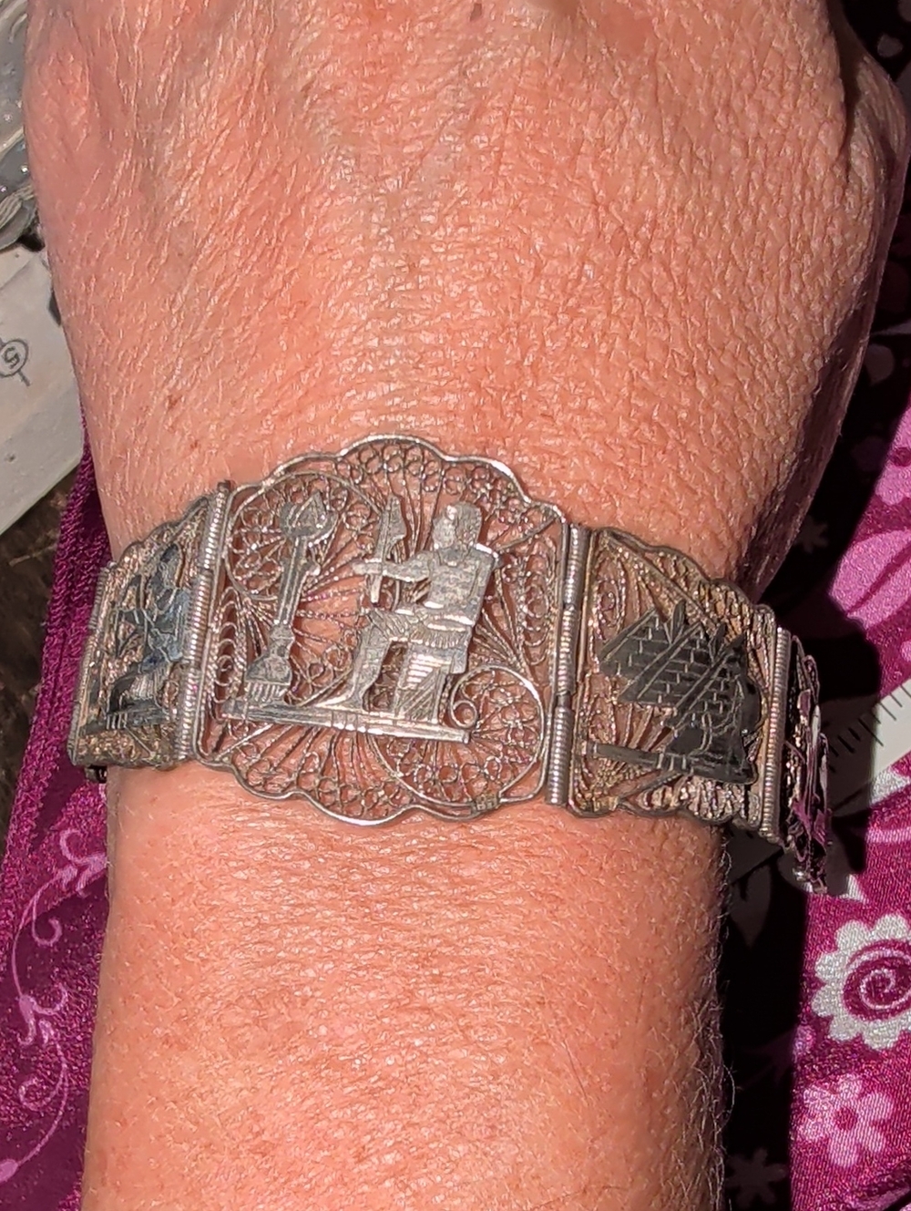 Intricate Silver Filigree Panel Bracelet - Egyptian Revival Design